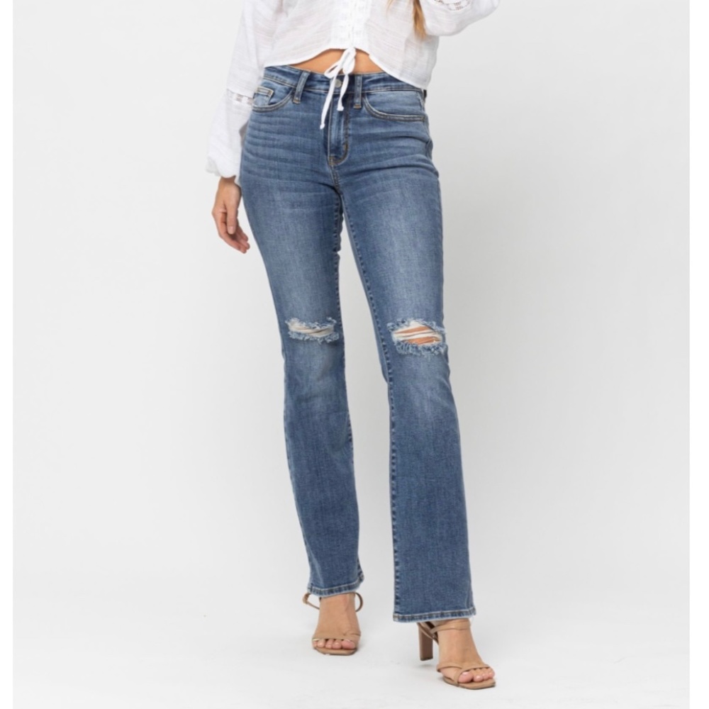 JUDY BLUE MID RISE POCKET TOOLING KNEE DESTROY BOOTCUT JEANS
